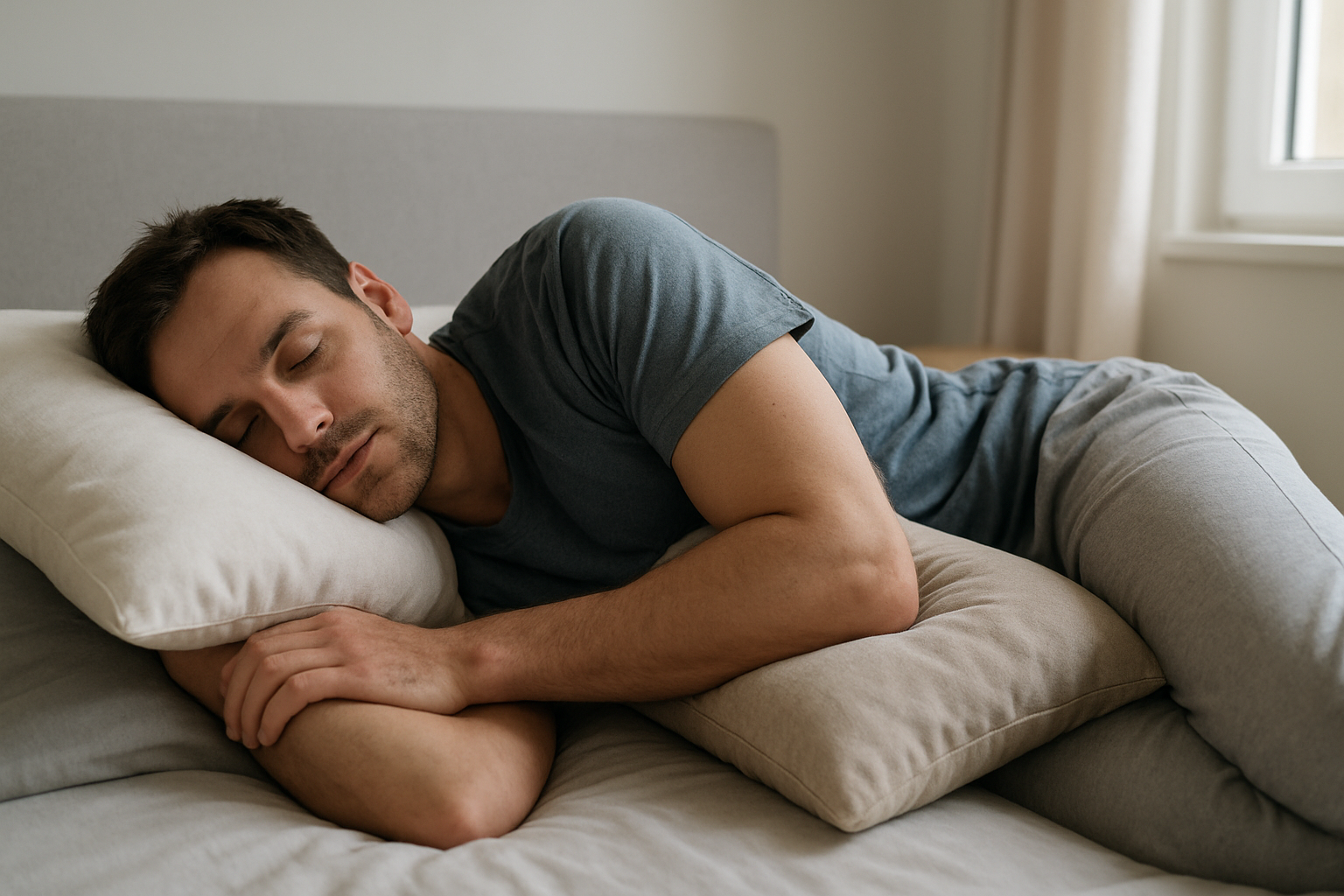 Personne dormant sur le côté en position enroulée type « chien de fusil », oreiller adapté et coussin entre les genoux