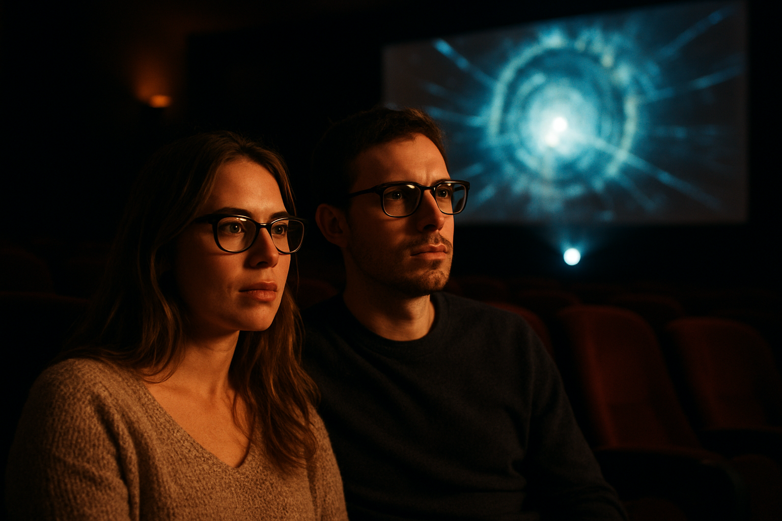 Salle de cinéma sombre avec un écran affichant un film de voyage dans le temps, fauteuils et projecteur vintage, lumière dramatique