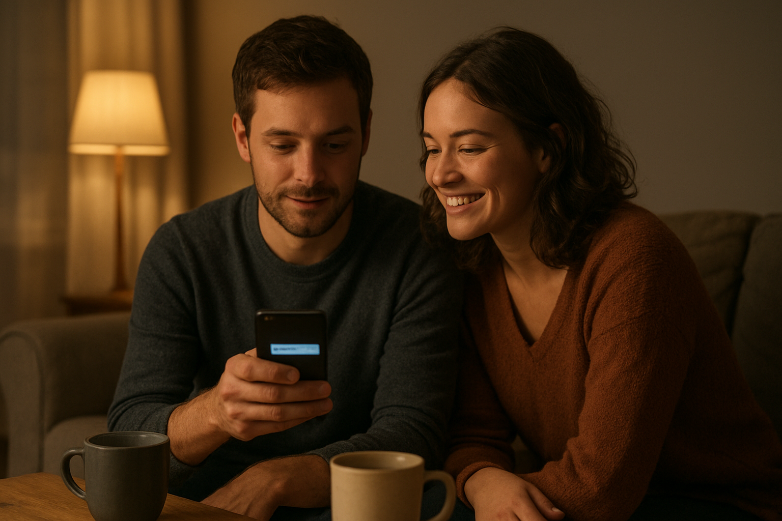 Couple échangeant un message d’amour sur téléphone, lumière du soir, ambiance chaleureuse