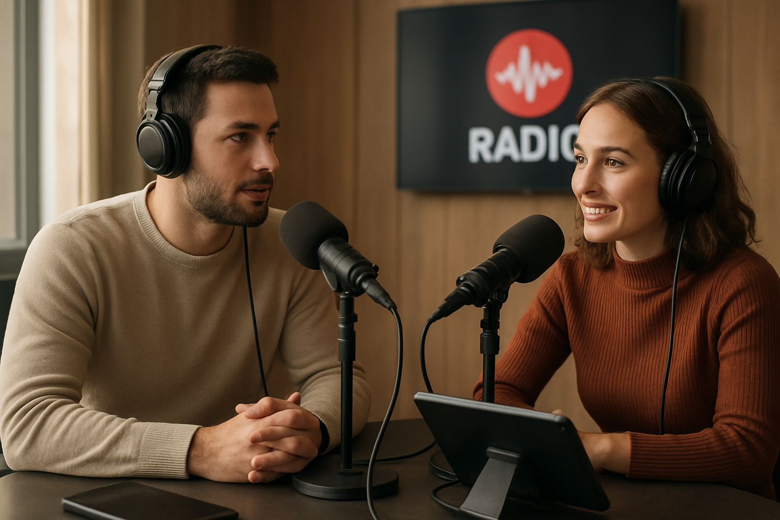 Matinale RFM : Philippe Lellouche et Caroline Ithurbide en studio, micros et pupitre, ambiance matinale
