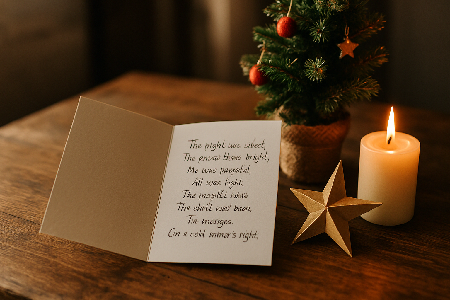 Poeme de noel sur une carte de vœux avec sapin et étoile, lumière chaude
