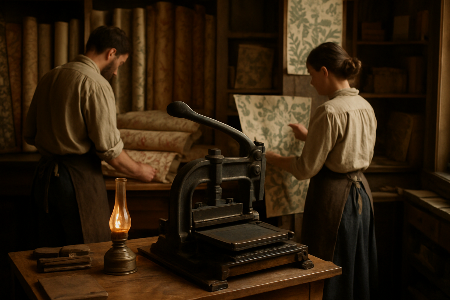 Atelier victorien de William Morris : textiles, papiers peints et presses typographiques en bois, lumière chaude